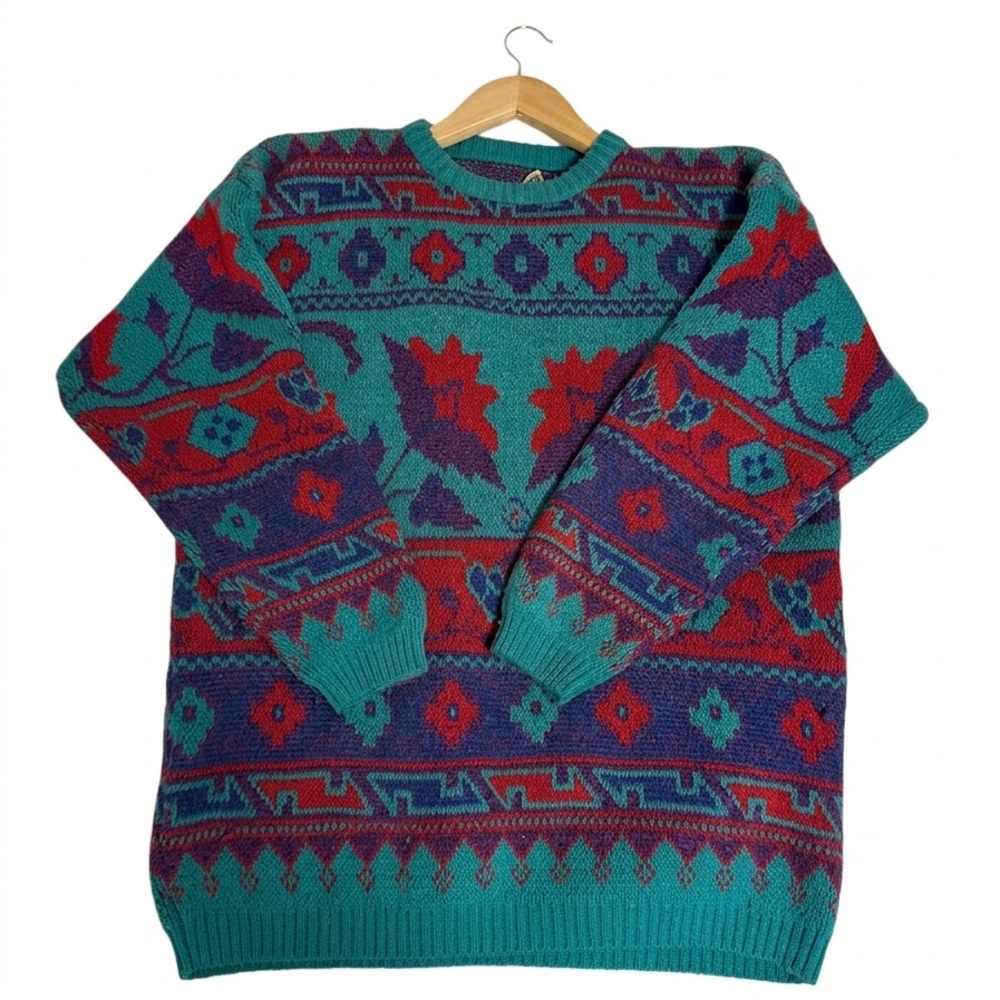Vintage One By One Bright Geometric Knit Sweater - Teal Purple Red